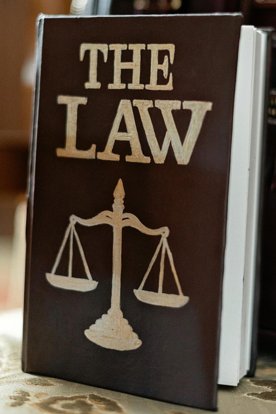 Close-up of a law book titled 'The Law' beside a leather briefcase.