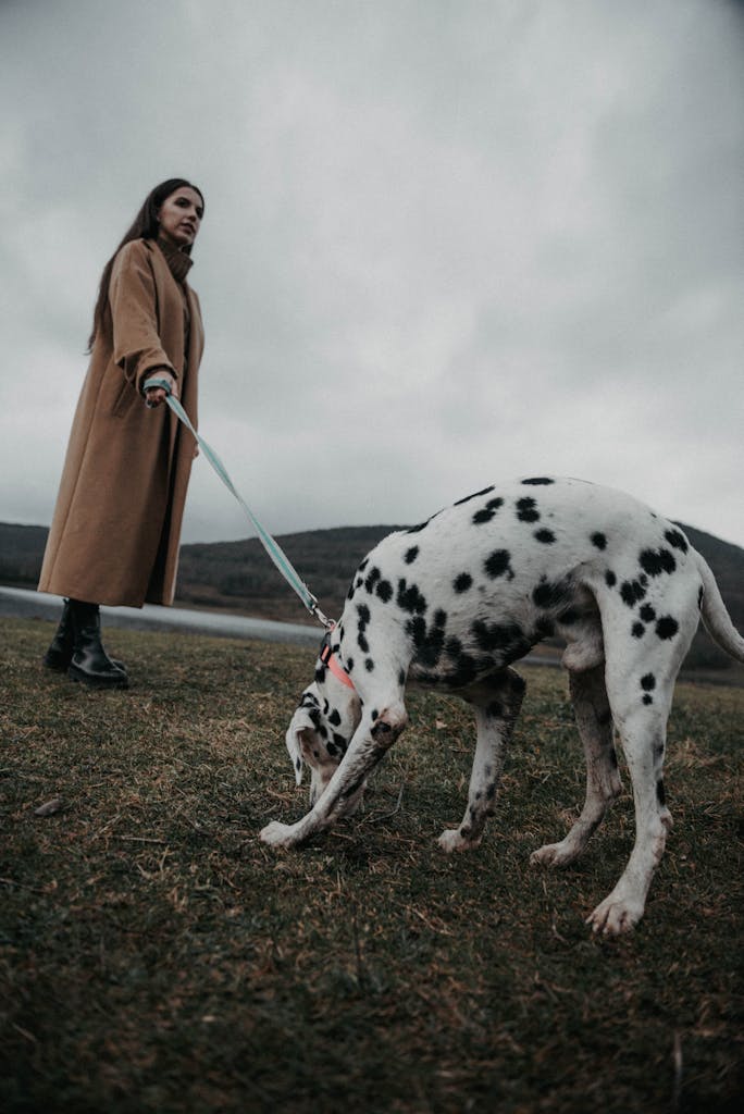 A woman stands with her Dalmatian dog on a leash in a grassy field under a cloudy sky.